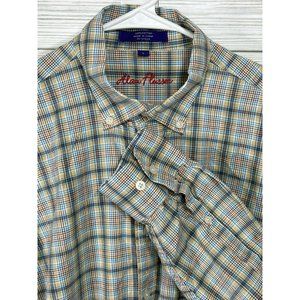 Alan Flusser Men's‎ Beige/ Blue Plaid Button-Down Long Slv. Pocket Shirt Lg.